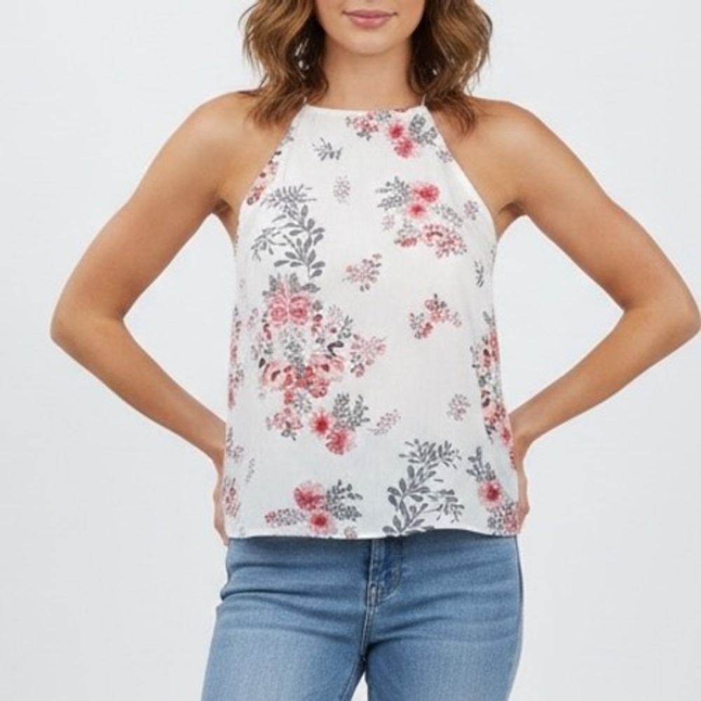 re:named Floral Halter Neck Tie Back Tank Top Women's Size L White